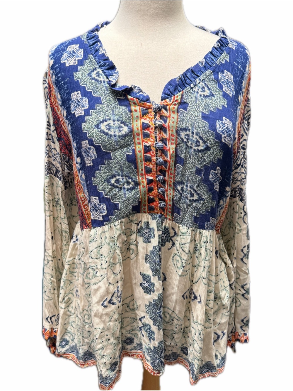 Angie Blue and Cream Boho Tunic with bell sleeves